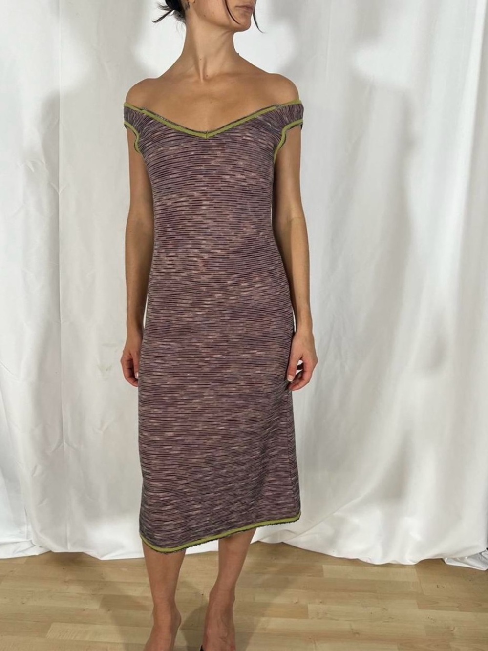 Missoni Off-Shoulder Space-Dye Midi Dress in Purple with Olive Trim - Picture 5 of 7